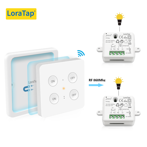 LoraTap Kit Interrupteur Mural Sans Fil, 1 Commande + 2 Récepteurs Radio 868Mhz, Portée 200M, Va et Vient, Commutateur à Distance, Télécommande ON/OFF