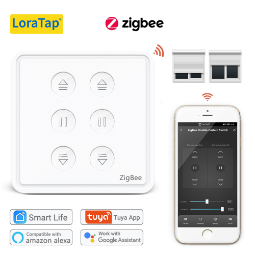 LoraTap Tuya ZigBee 3.0 EU Double interrupteur à rideau pour moteur tubulaire Google Home Alexa Voice Control Work with Zigbee2MQTT DIY