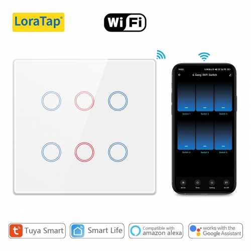 LoraTap Smart Life 6 Gang Brazil Touch Panel Light Switch Tuya App Remote Google Home Alexa Voice Control Automation residential