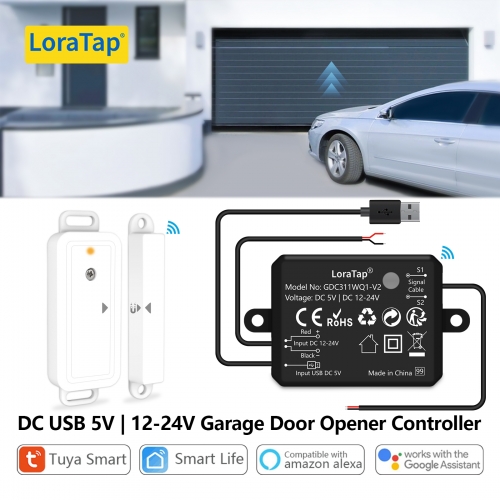 LoraTap Tuya Smart Life 12-24V DC Puerta de garaje Controlador de apertura de sensor inalámbrico Control remoto de alimentación USB de Google Home Ale