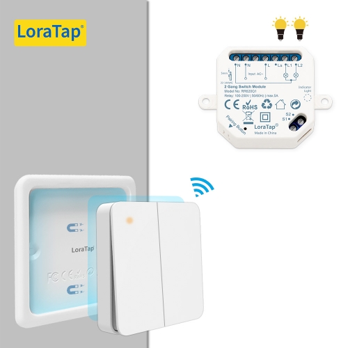 LoraTap 2 Channel Wireless Switch Dual Relay Receiver with 2 Gang Magnetic RF 868Mhz Remote No Hub Need Easy to Install