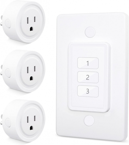 LoraTap Mini Wireless Remote Control Outlet Plug Adapter (3 Pack) with Remote, 3 Channel Wall Switch, No Hub Required, 10A/1100W, White