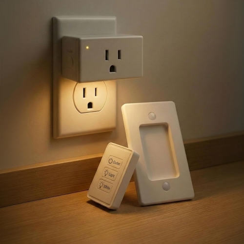 2-in-1 Remote Control Outlet with Night Light, Timer & Dimmable, 100ft Range, No WiFi Needed, Wall Switch for Bedroom, Hallway, Small Appliances