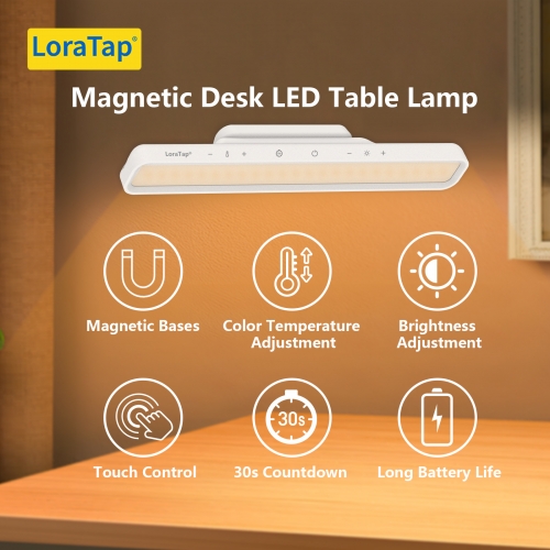 LoraTap Lampada da scrivania LED magnetica, con regolazione continua di luminosità e temperatura di colore, ideale per armadio, comodino e lettura