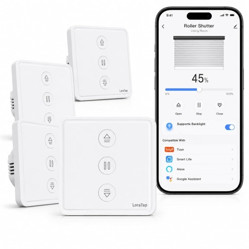 Loratap Interruttore tapparella WiFi:pulsanti retroilluminati,regolazione precisa 0%-100%,controllo vocale Alexa/Google,sostituisce interruttore muro