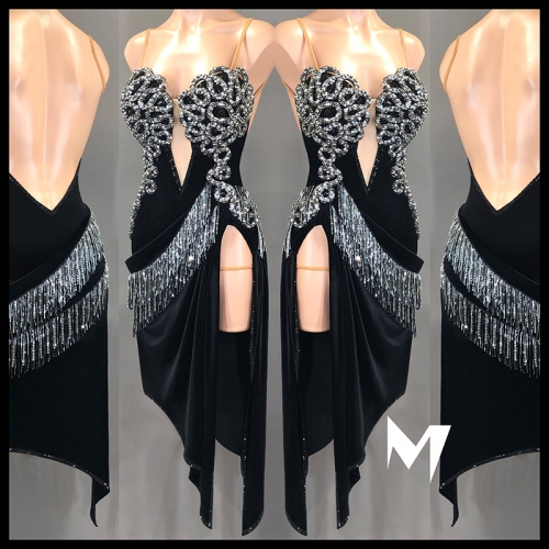 [SOLD] Hematite Embellished Black Velvet Dress #L017