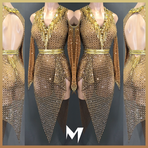 [BRAND NEW] Gold Crystal Mesh Dress #L016