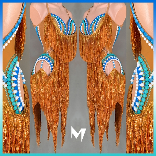 [SOLD] Turquoise and Orange Sequin Tassels Dress #L042