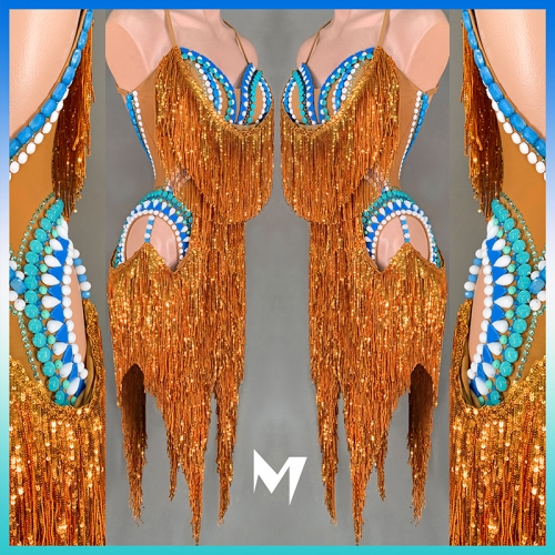 Turquoise and Orange Sequin Tassels Dress #L042