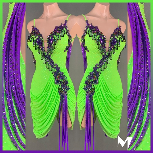 Neon Green Purple Lace Dress #L038