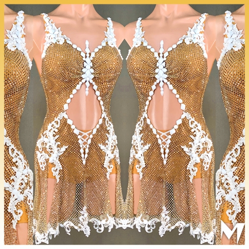 Champage Gold Crystal Mesh Dress #S024