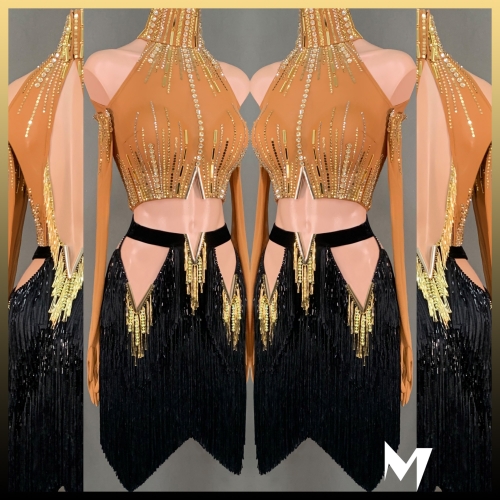 [PRE-OWNED] Gold And Black Three Piece Fringe Ensemble #S062