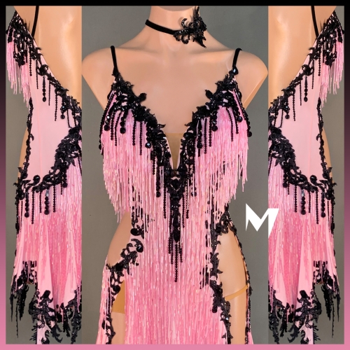 [SOLD] Embellished Black Lace Motif Pink Panel Dress #S063