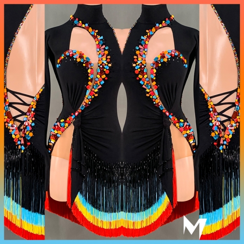 [SOLD] Black and Multicolored Fringe Turtleneck Dress #S124