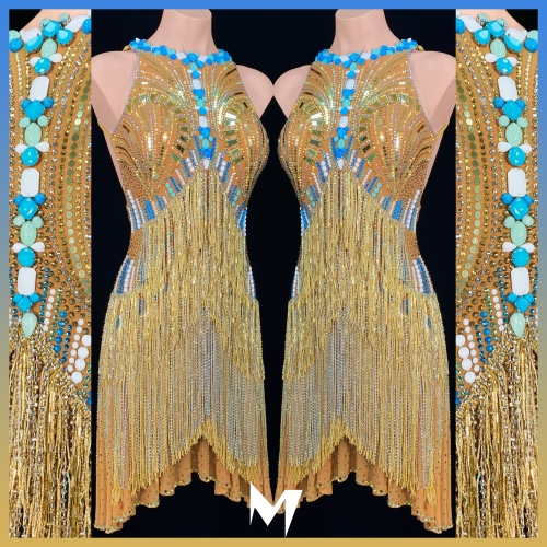 [PRE-OWNED] Fully Crystallized Gold and Turquoise Fringe Dress #S132