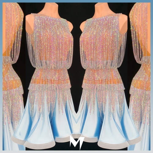 [SOLD] Crystal AB Crystallized Fringe Dress with Baby Blue Skirt #S128