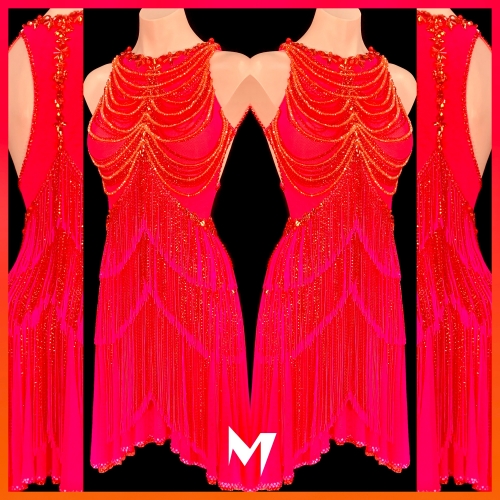 Pink and Orange Mesh Layered Fringe Dress #S131