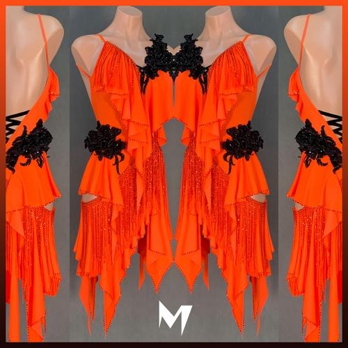 Orange Ruffle Dress with Black Floral Motifs #L086