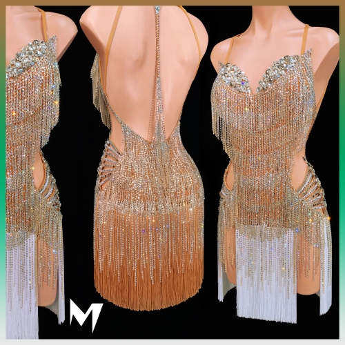 [SOLD] Tan and Crystal Dress with Interchangeable Fringe Skirts #S139