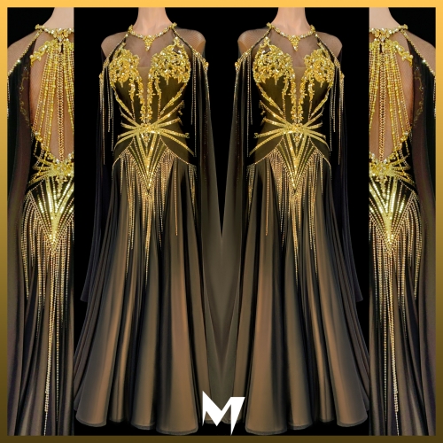 Black and Gold Embellished Lace Motif Ballroom/Smooth Dress #B004
