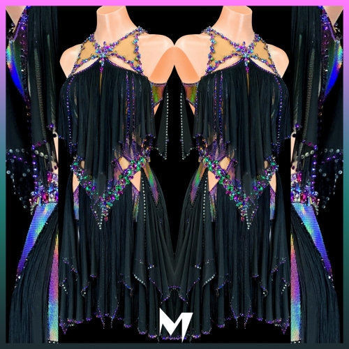 Holographic Purple and Black Mesh Ruffle Dress #S153