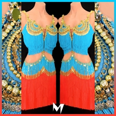 [PRE-OWNED] Peacock Blue and Coral Red Fringe Dress #S157
