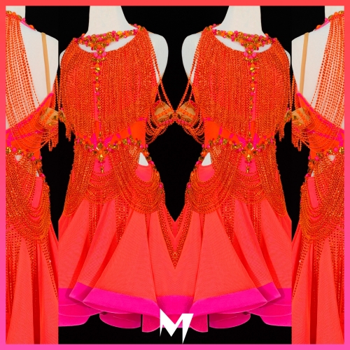 Orange and Pink Crystallized Fringe Junior Dress #S164