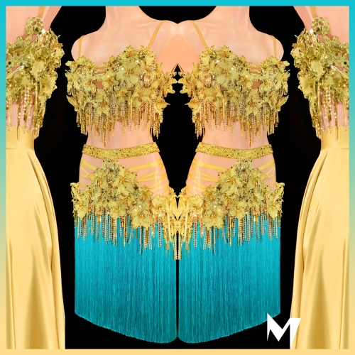 [SOLD] Gold Lace Motif Crop Top with Teal Fringe Skirt and Gold Satin Skirt 3pc Set #S180