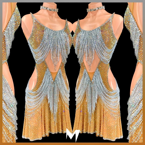 [PRE-OWNED] Tan and Crystal AB Crystal Drape Dress #S179