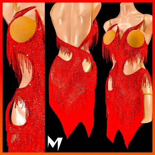 [PRE-OWNED] Asymmetrical Red and Orange Crystallized Fringe Dress #S199