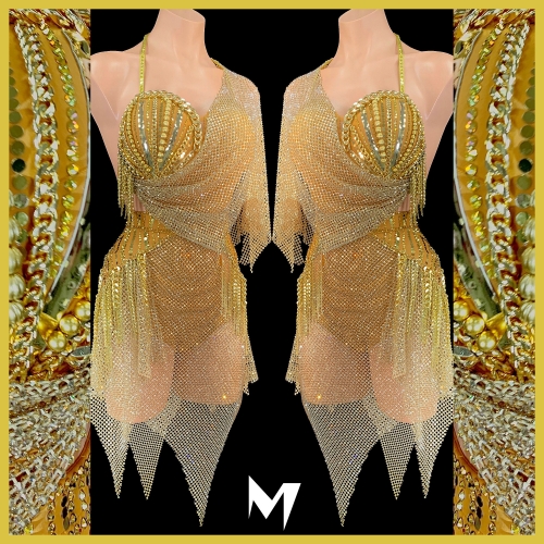 [PRE-OWNED] Gold Crystallized Net Drape Dress #S203