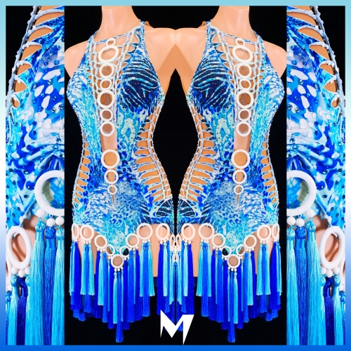 [PRE-OWNED] Blue Leopard Print Fringe Dress with White Ring Accents #S207