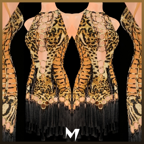 [PRE-OWNED] Leopard Print Fringe Dress with Gold Ring Accents #S206