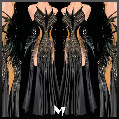 [PRE-OWNED] Black and Hematite Satin Smooth Dress with Feather Cuffs #S191