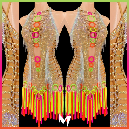 [PRE-OWNED] Crystal AB and Neon Fringe Dress with Neon Ring Accents #S208