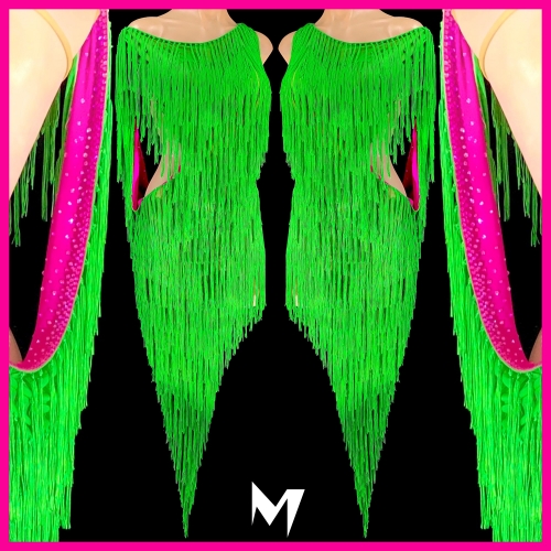 [PRE-OWNED] Green and Pink Draped Fringe Tassles Dress #S195