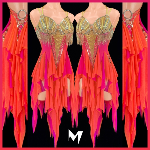 [PRE-OWNED] Pink and Orange Ruffle Dress with Gold Ring Motifs #S194