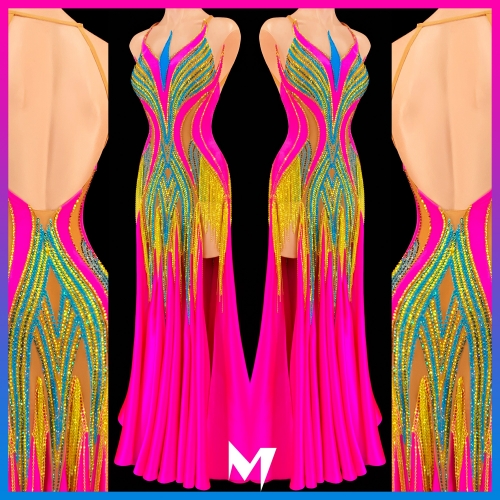 [PRE-OWNED] Pink and Multicolored Crystal Smooth Dress with Feather Cuffs #S205