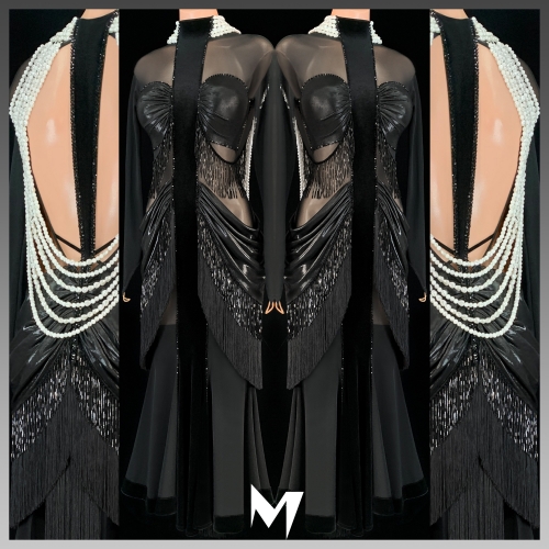 [PRE-OWNED] Black Mesh and Velvet Dress with Pearl Drapes #S173