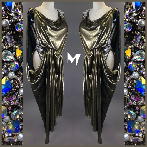 [PRE-OWNED] Metallic Aurum Gold Chiffon Drape Dress with Crystal and Pearl Motifs #S176