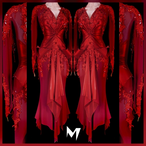 [PRE-OWNED] Metallic Wine Red Dress with Crimson Lace Motifs #S172