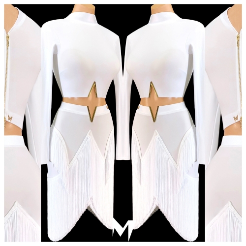 [PRE-OWNED] White and Gold Fringe and Crop Top Set #S212