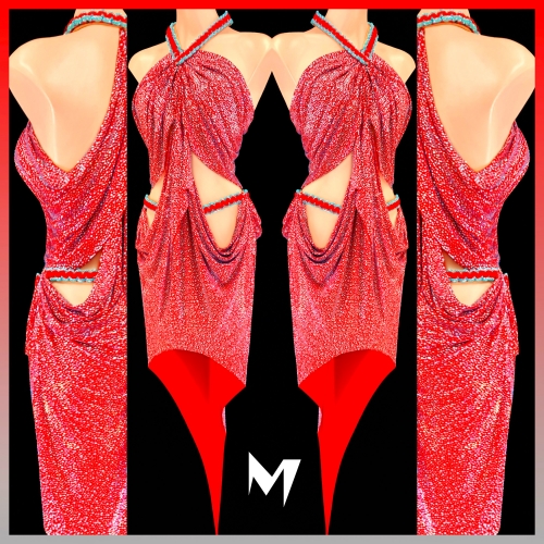 [PRE-OWNED] Red Drape Dress with Aquamarine Rhinestones #S213