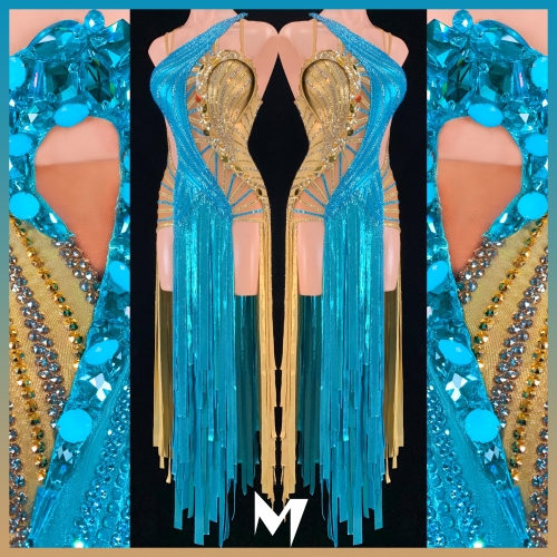 [PRE-OWNED] Turquoise and Gold Metallic Strap Smooth Dress #S216