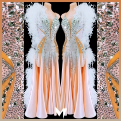 [PRE-OWNED]  Peach and Crystal White Feather Boa Smooth Dress #S222