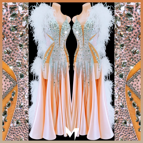 [PRE-OWNED]  Peach and Crystal White Feather Boa Smooth Dress #S222