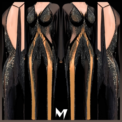 [PRE-OWNED] Black Mesh and Velvet Fringe Jumpsuit #S233