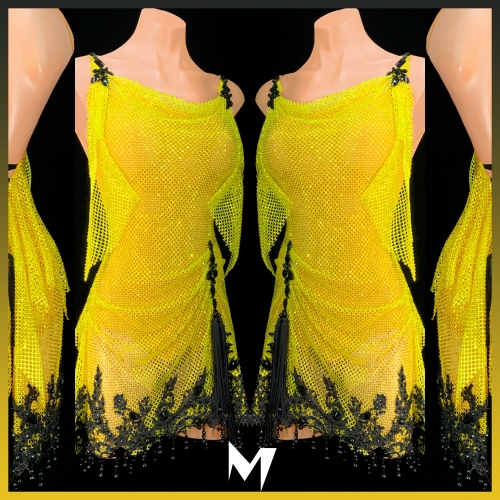 [PRE-OWNED] Yellow Crystallized Net Black Lace Dress #S234