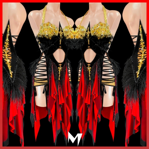 [PRE-OWNED] Gold Beaded Ostritch Feather Black and Red Dress #S229