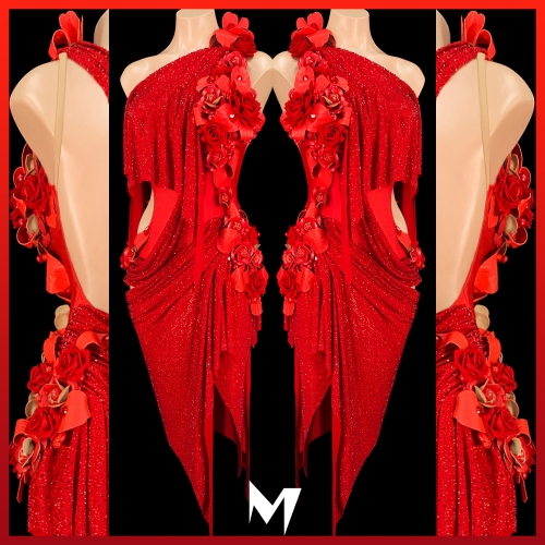 [PRE-OWNED] Crystallized Red Floral Motif Drape Dress #S232